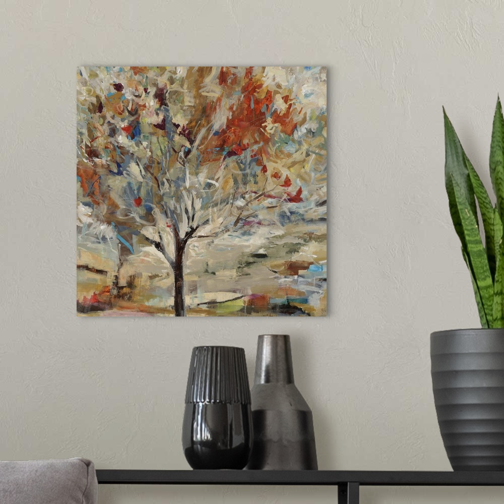 A modern room featuring Contemporary painting of a single tree with vibrant leaves and branches, on a background filled w...