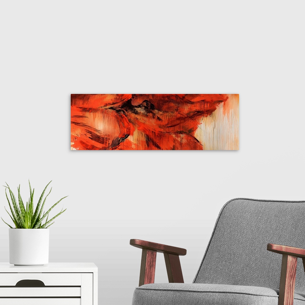 A modern room featuring An abstract piece of a very large red flower that has the paint dripping throughout the piece.