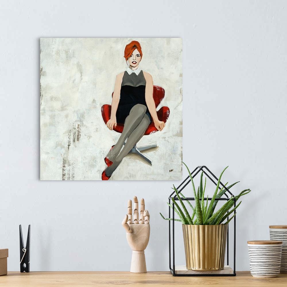 A bohemian room featuring Painting of a woman in a short dress and high heels, sitting in a retro office chair, on a patchy...