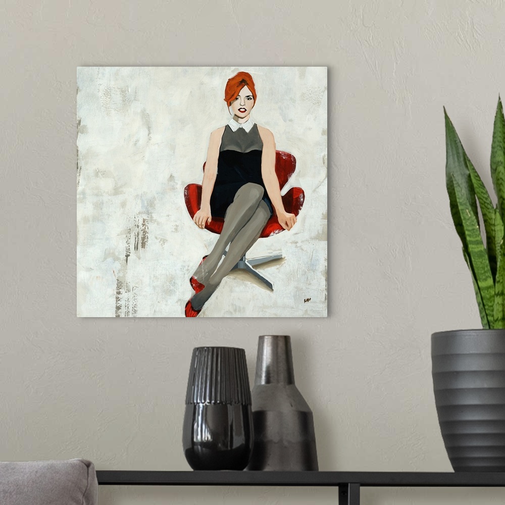 A modern room featuring Painting of a woman in a short dress and high heels, sitting in a retro office chair, on a patchy...