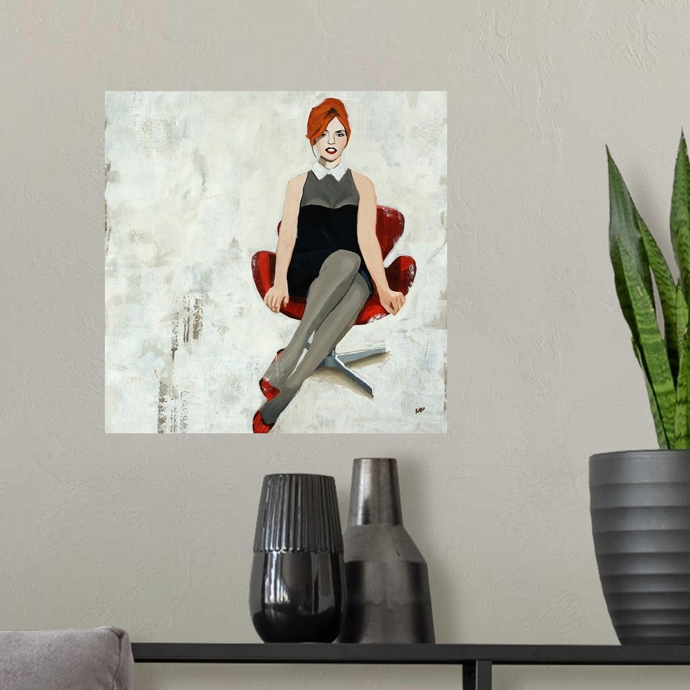 A modern room featuring Painting of a woman in a short dress and high heels, sitting in a retro office chair, on a patchy...