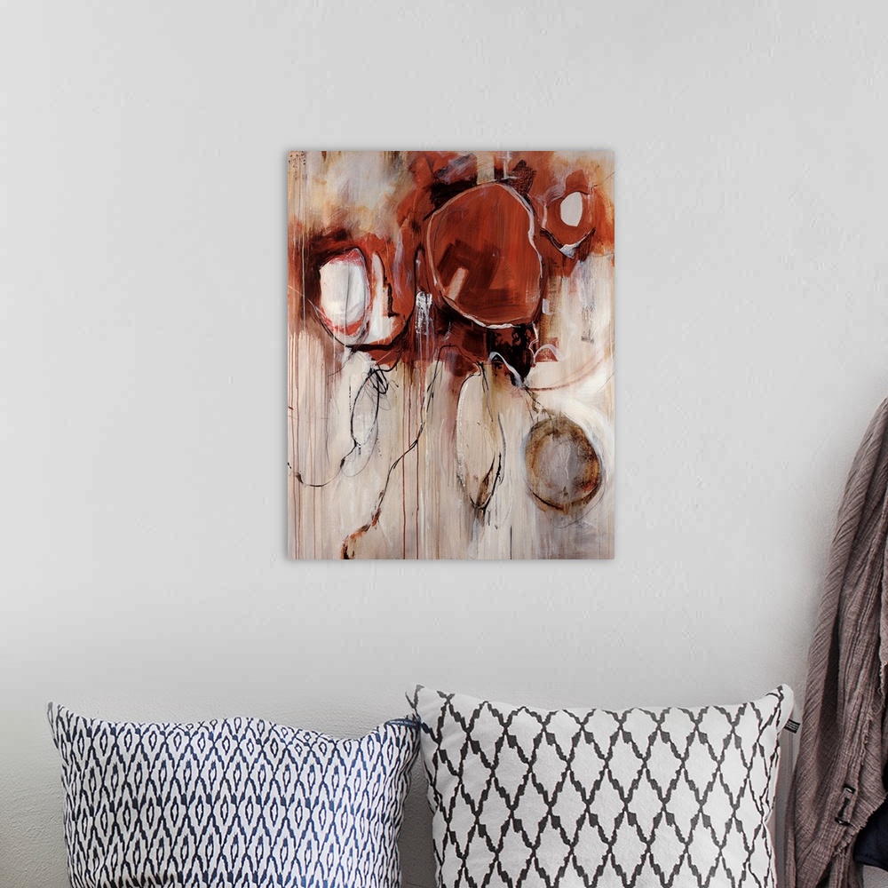 A bohemian room featuring Contemporary abstract painting of running paint with circles overlain.  There are also dark ink l...