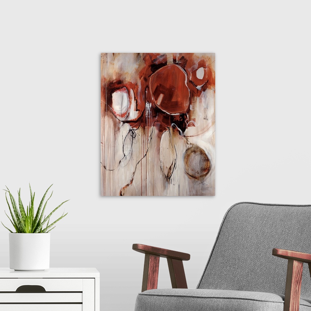 A modern room featuring Contemporary abstract painting of running paint with circles overlain.  There are also dark ink l...