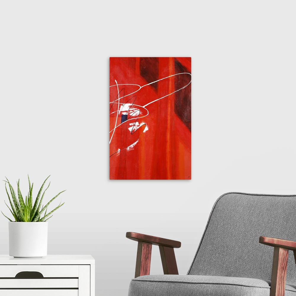 A modern room featuring A vibrant red abstract painting with white curved lines overlaying on one side.