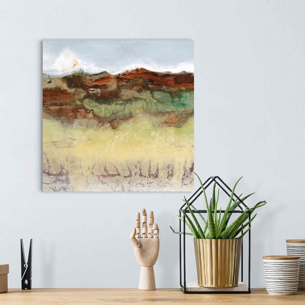 A bohemian room featuring Contemporary landscape painting of a desert view with red mountains on the horizon.