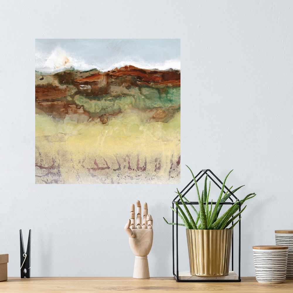 A bohemian room featuring Contemporary landscape painting of a desert view with red mountains on the horizon.