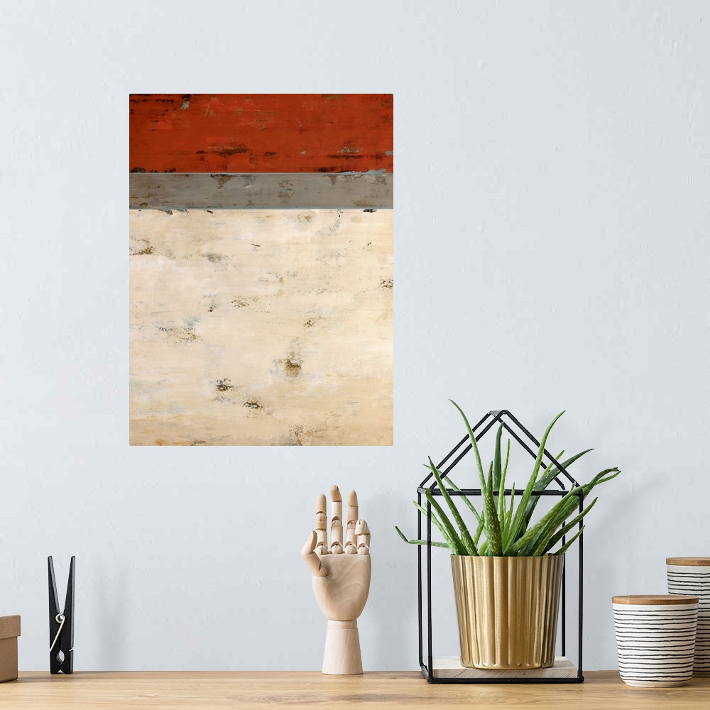 A bohemian room featuring Contemporary abstract art of 3 color stripes in different size chunks with textured cracks coveri...