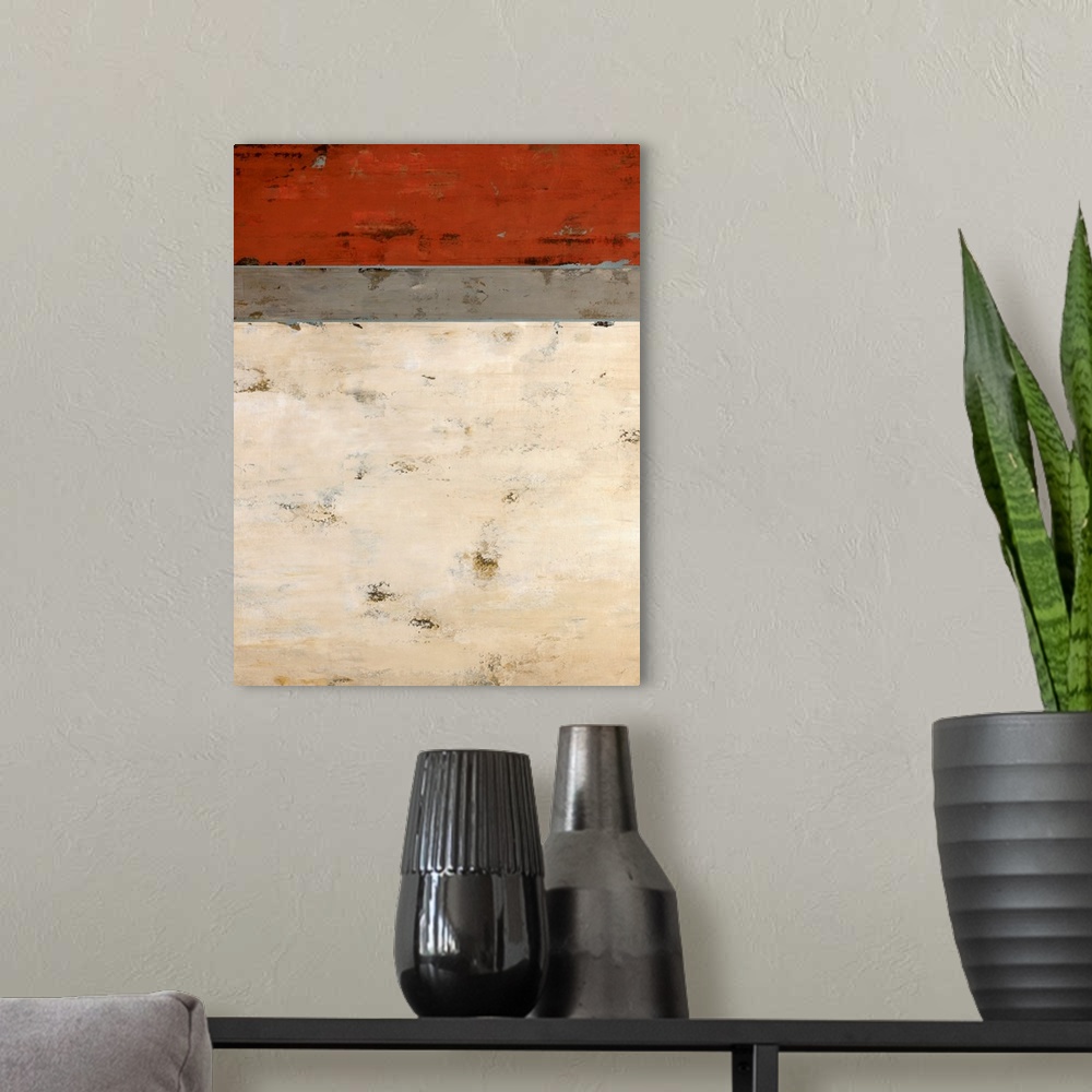A modern room featuring Contemporary abstract art of 3 color stripes in different size chunks with textured cracks coveri...