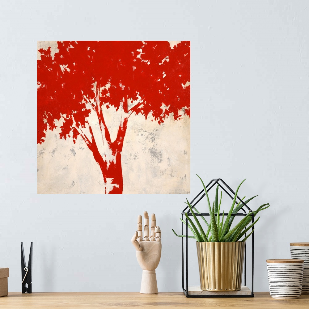 A bohemian room featuring Contemporary art of a large red tree with branches full of leaves on a light neutral background t...