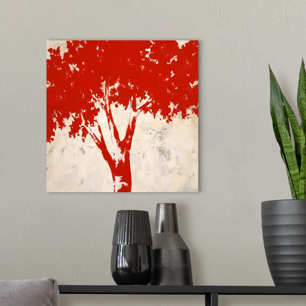 A modern room featuring Contemporary art of a large red tree with branches full of leaves on a light neutral background t...