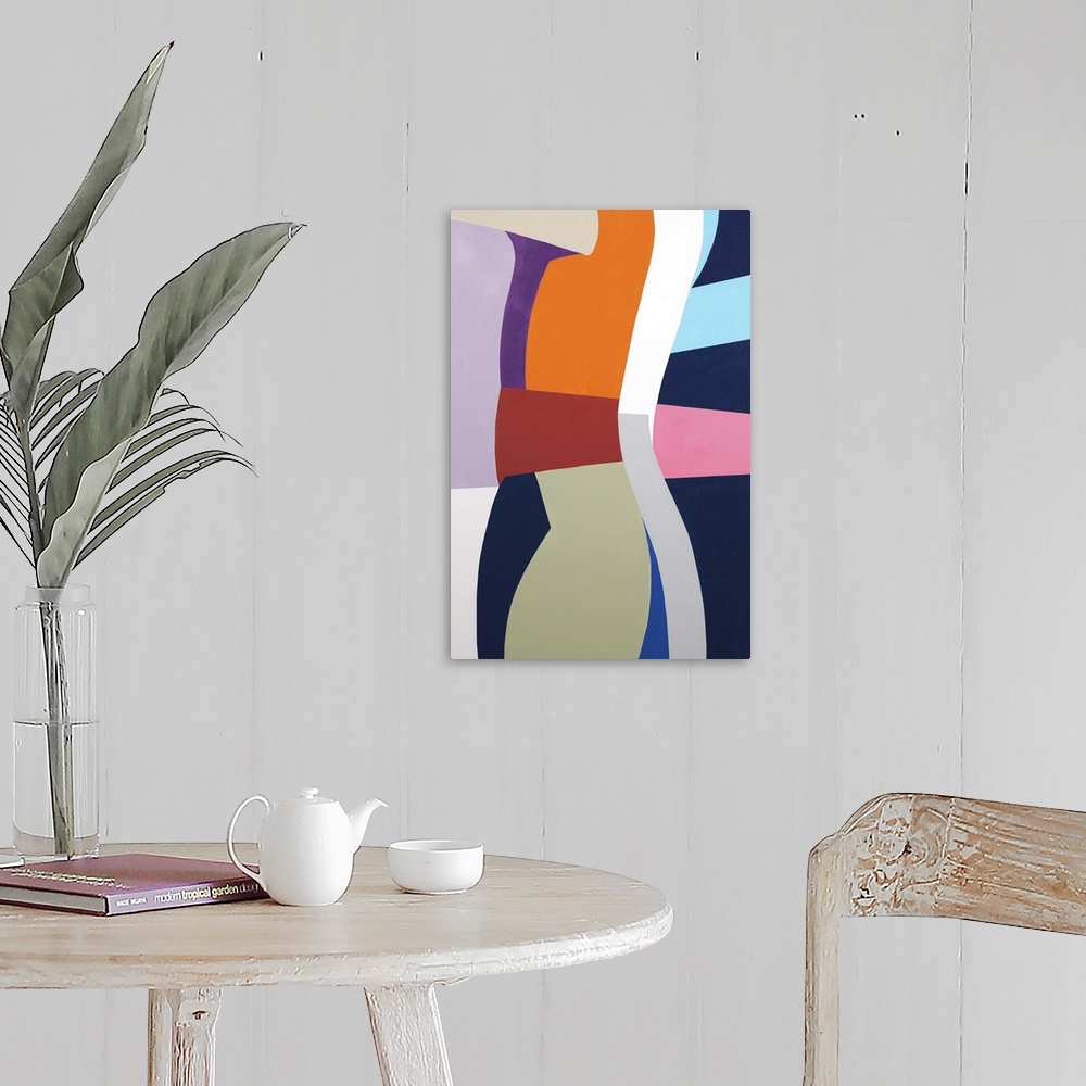 A farmhouse room featuring A contemporary abstract painting using geometric forms in retro tones.