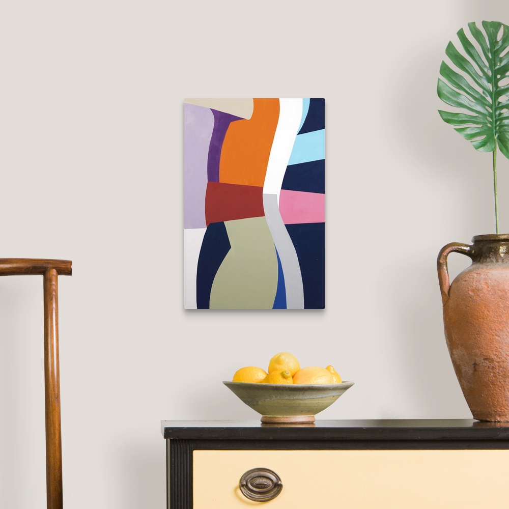 A traditional room featuring A contemporary abstract painting using geometric forms in retro tones.