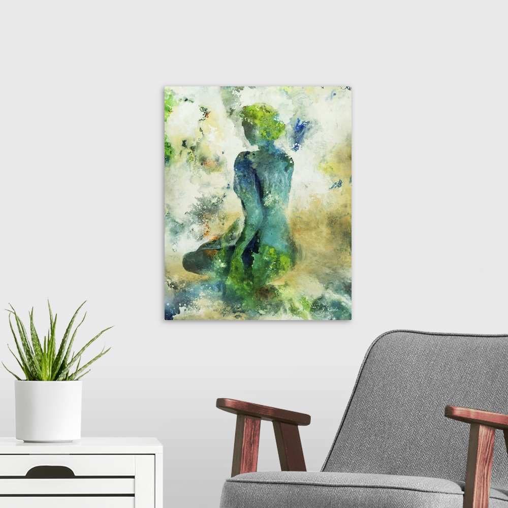 A modern room featuring Abstract painting of the silhouette of a woman kneeling down on a hill, surrounded by splashes of...