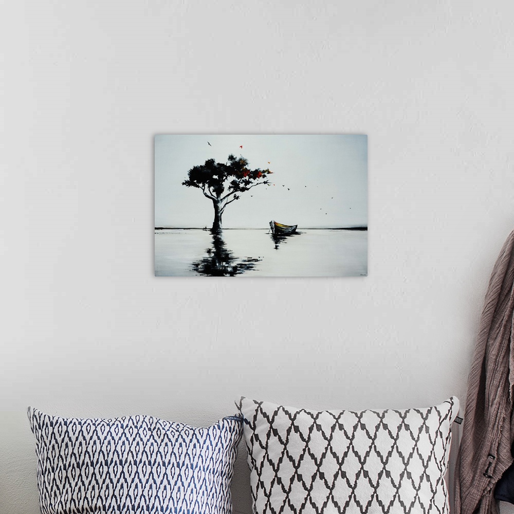 A bohemian room featuring Landscape painting of an empty row boat sitting in calm water beneath a large tree on the horizon...