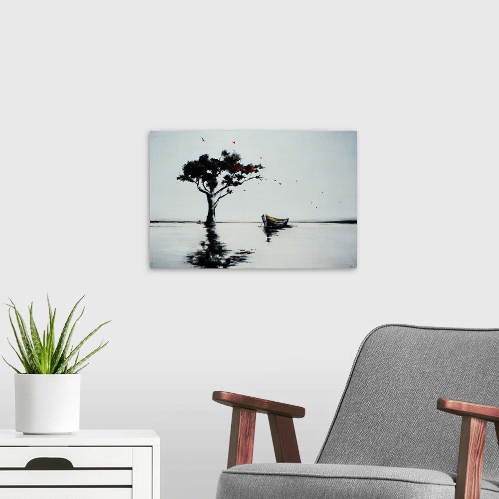A modern room featuring Landscape painting of an empty row boat sitting in calm water beneath a large tree on the horizon...