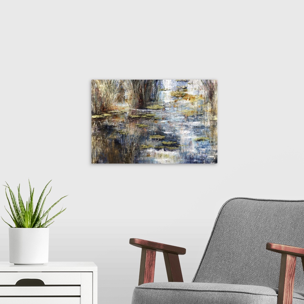 A modern room featuring Horizontal painting of a lily pads floating in a pond.