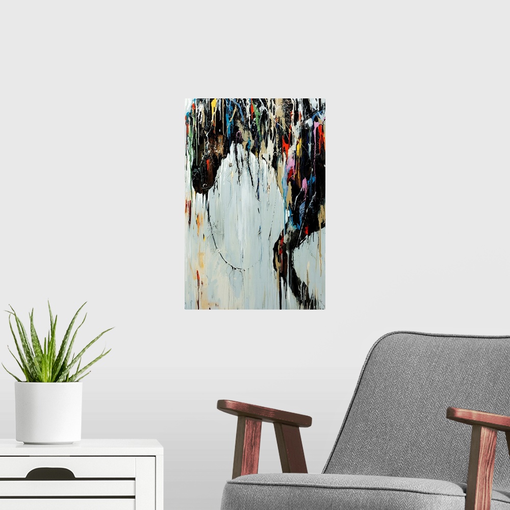 A modern room featuring Contemporary abstract painting with drips and splashes of color over top a depiction of a wild an...