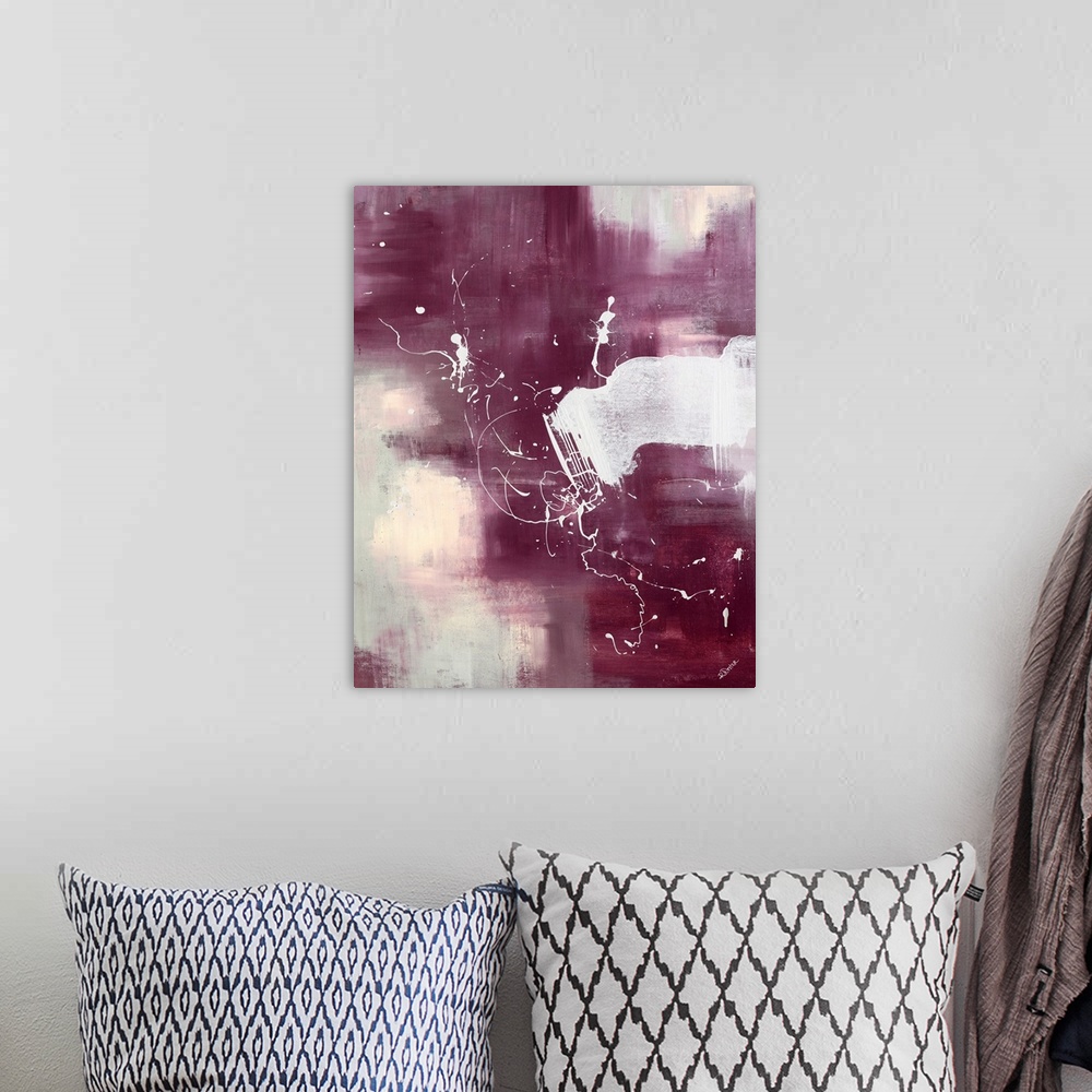 A bohemian room featuring Contemporary painting with muted abstract background and overlying paint drops and drizzles.