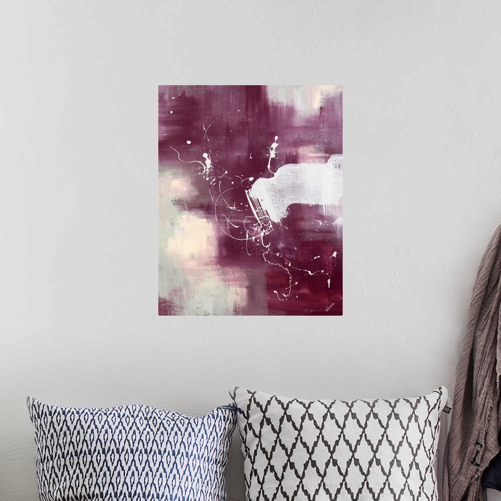 A bohemian room featuring Contemporary painting with muted abstract background and overlying paint drops and drizzles.