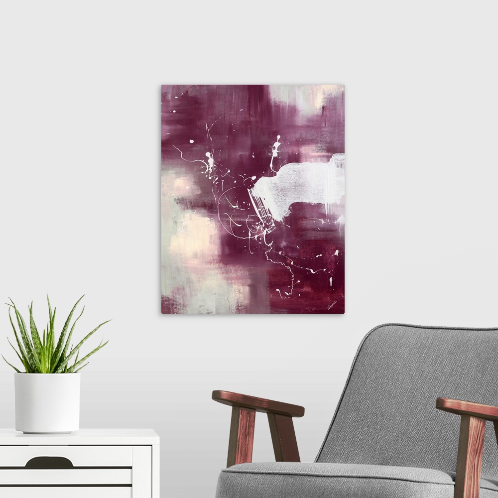 A modern room featuring Contemporary painting with muted abstract background and overlying paint drops and drizzles.