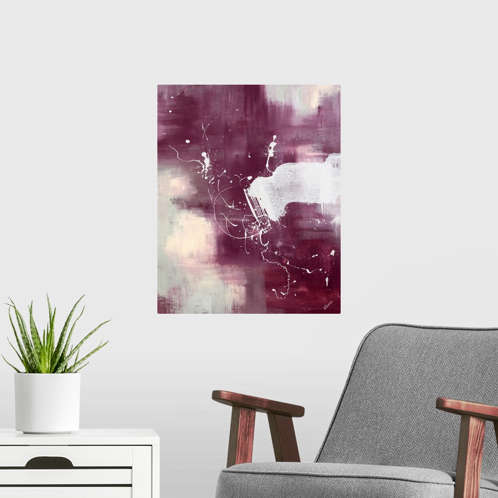 A modern room featuring Contemporary painting with muted abstract background and overlying paint drops and drizzles.
