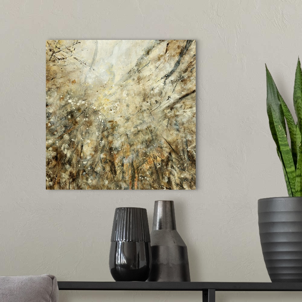 A modern room featuring Abstract artwork that uses lots of neutral colors with splashes and streaks concentrated on the b...