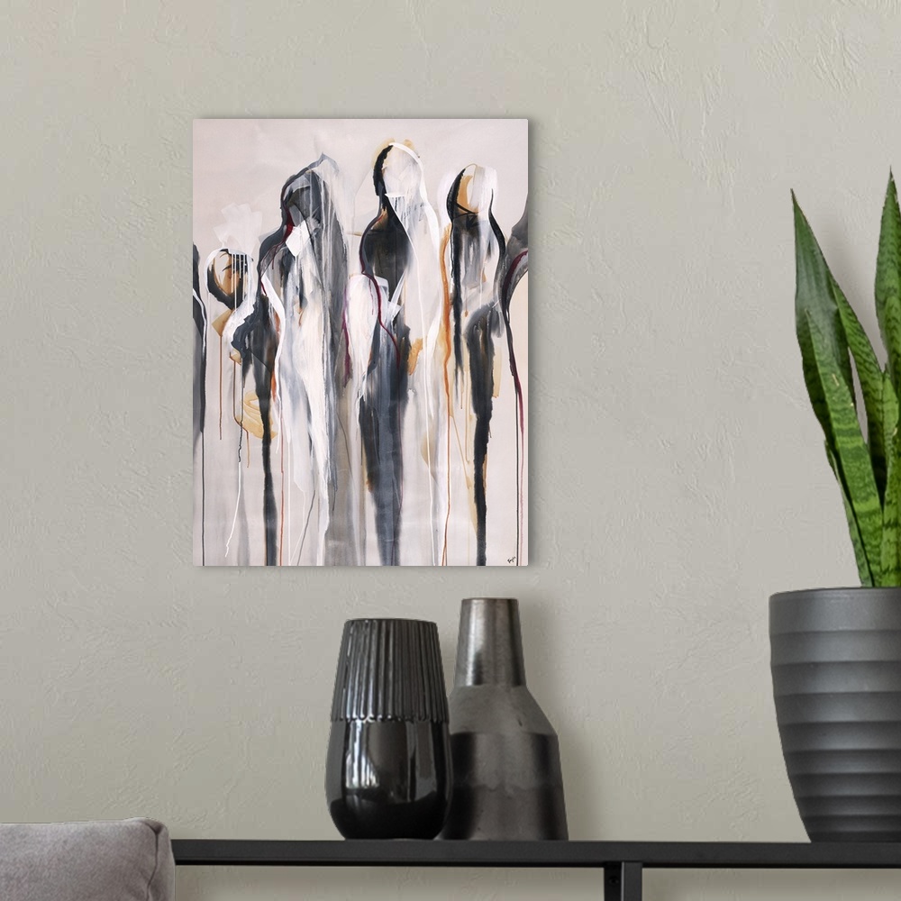 A modern room featuring Figurative abstract painting with a group of silhouettes dripping to the bottom of the canvas.