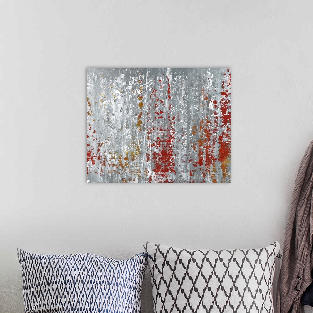 A bohemian room featuring Contemporary abstract painting using muted gray and red tones.