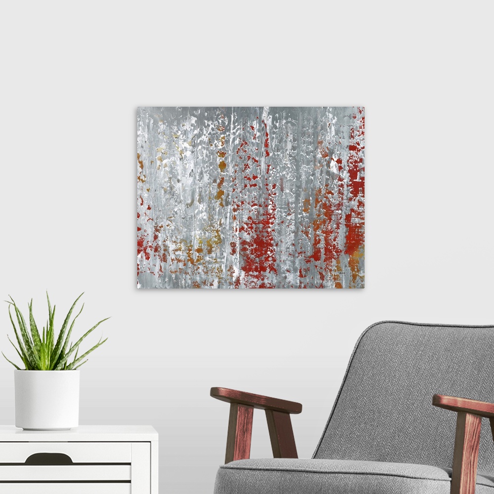 A modern room featuring Contemporary abstract painting using muted gray and red tones.