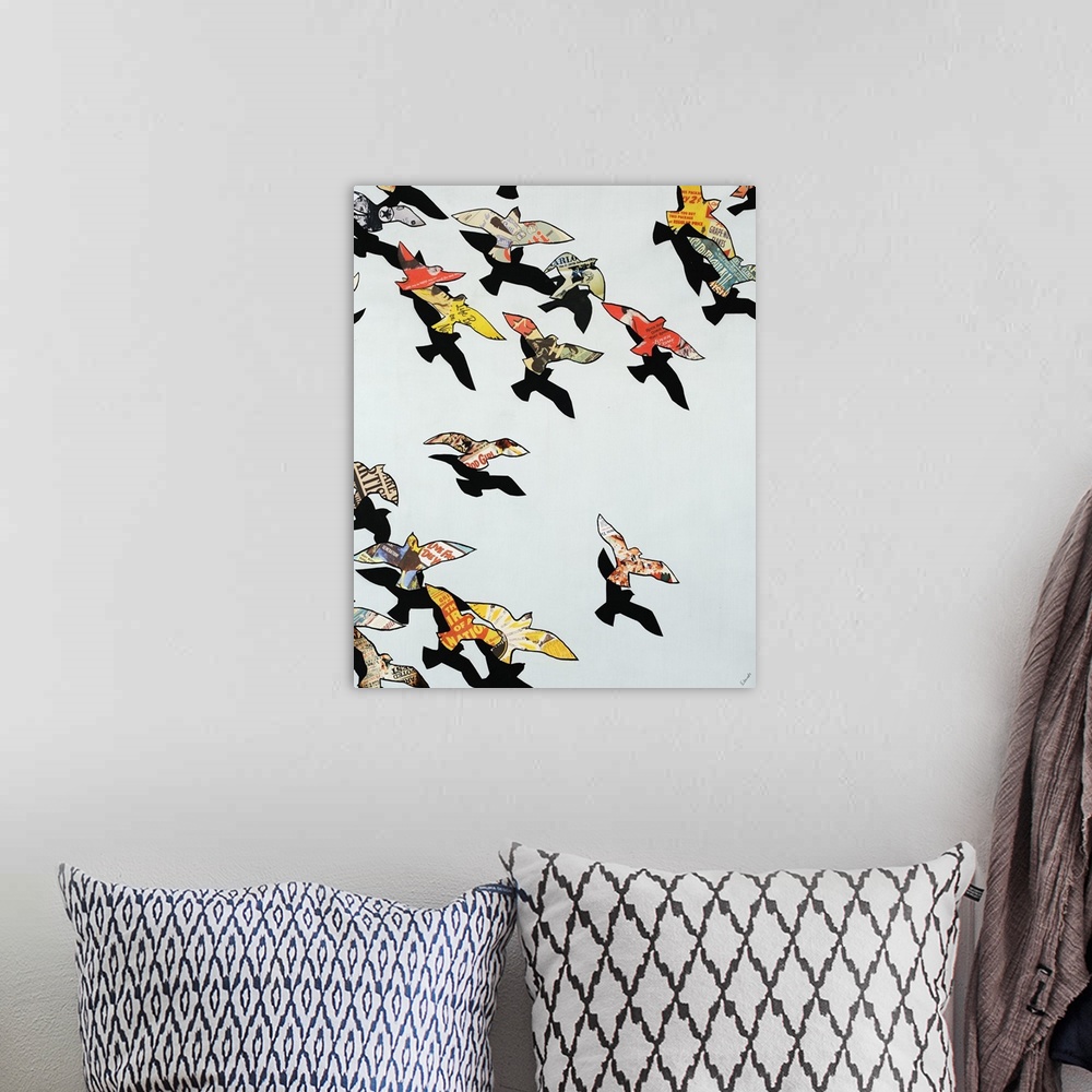 A bohemian room featuring Contemporary art of a flock of birds flying, their outlines filled with portions of colorful vint...