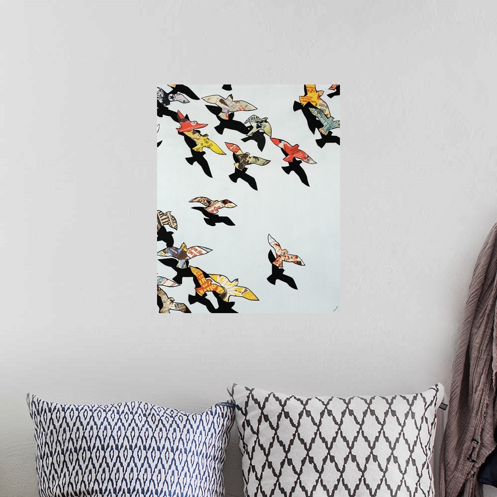 A bohemian room featuring Contemporary art of a flock of birds flying, their outlines filled with portions of colorful vint...
