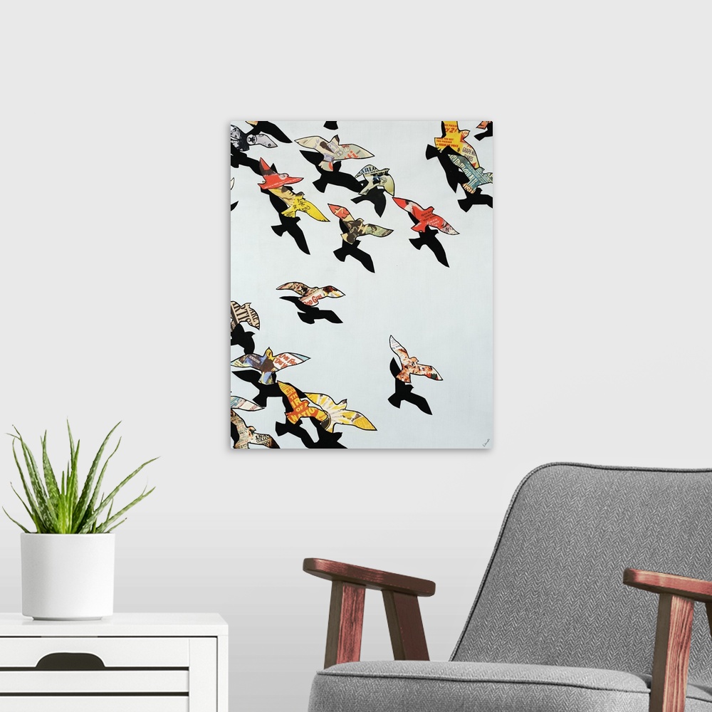 A modern room featuring Contemporary art of a flock of birds flying, their outlines filled with portions of colorful vint...