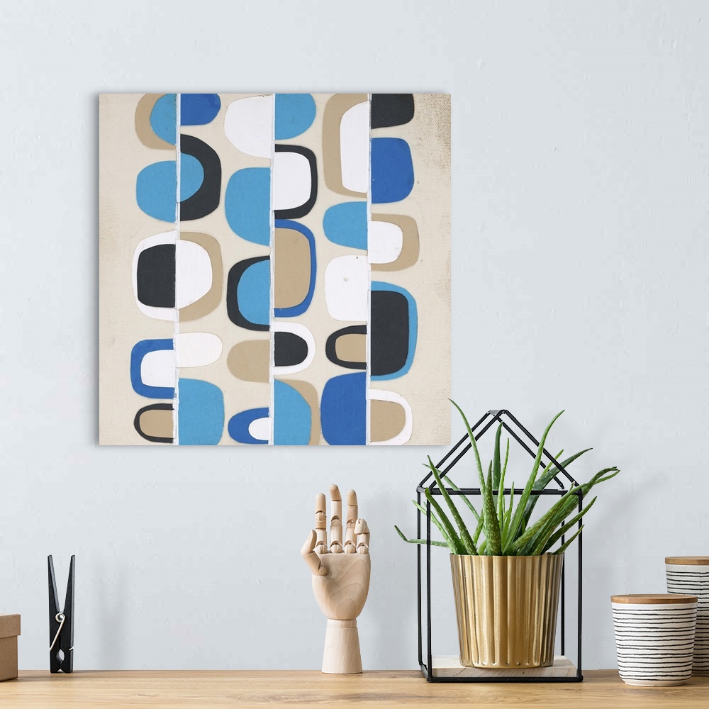 A bohemian room featuring Retro abstract painting with blue, tan, black, and white half circles moving up and down white ve...