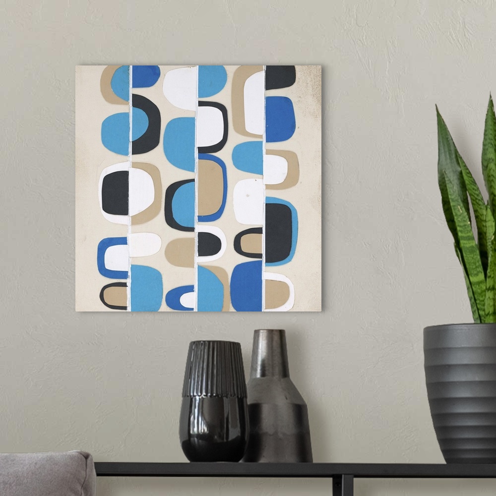 A modern room featuring Retro abstract painting with blue, tan, black, and white half circles moving up and down white ve...