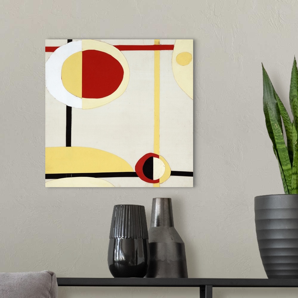 A modern room featuring Red, yellow, black, and white retro abstract painting with lines connecting multicolored circles ...