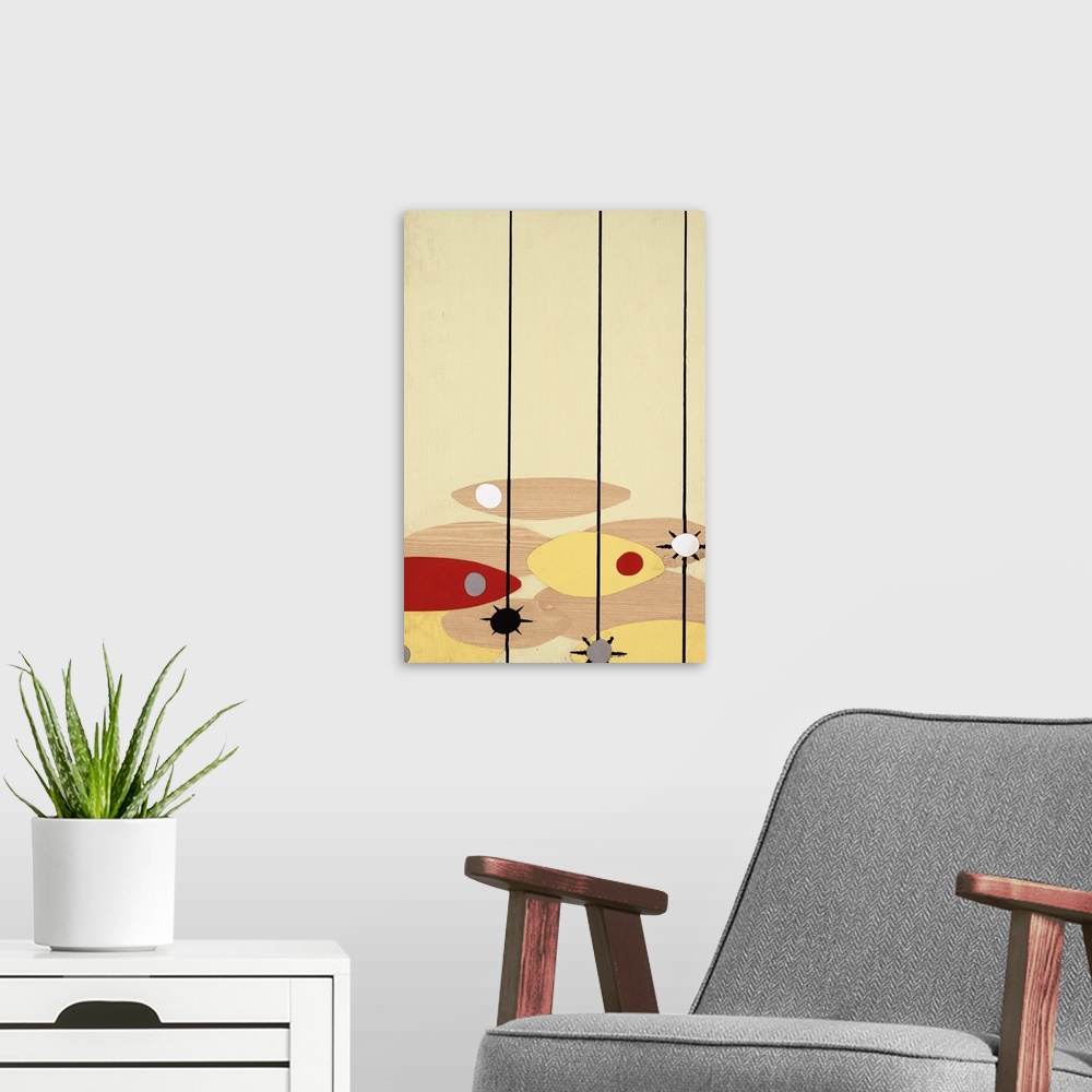 A modern room featuring Retro abstract painting with three black vertical lines falling to the bottom where colorful oval...