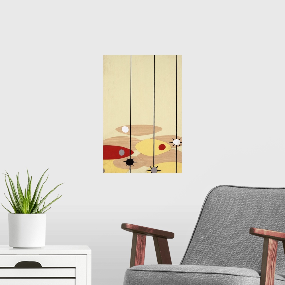 A modern room featuring Retro abstract painting with three black vertical lines falling to the bottom where colorful oval...