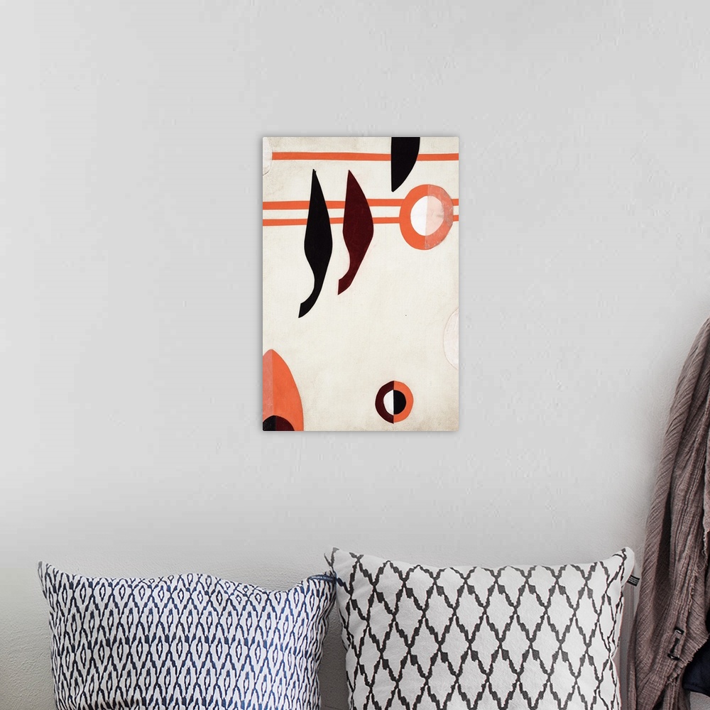 A bohemian room featuring Burgundy, orange, and black shapes  on an off-white background with three orange horizontal lines...
