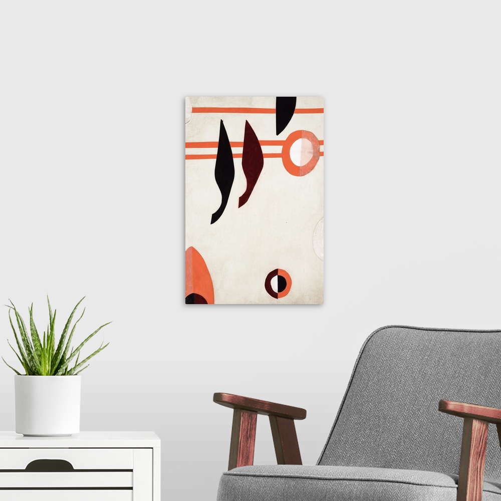 A modern room featuring Burgundy, orange, and black shapes  on an off-white background with three orange horizontal lines...