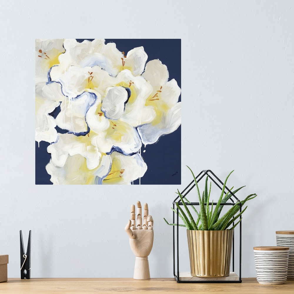 A bohemian room featuring Square painting of a bouquet of white Rhododendrons against a dark blue backdrop.