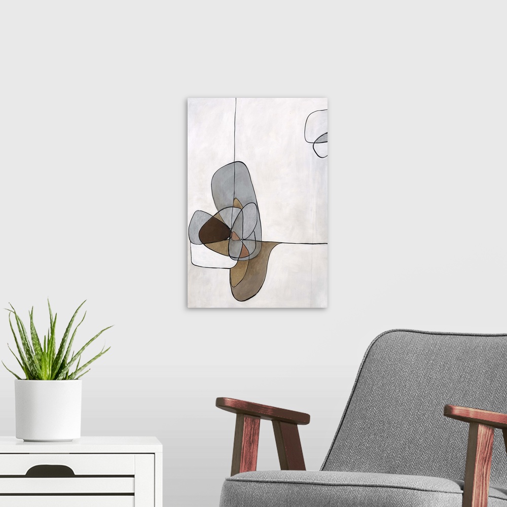 A modern room featuring Abstract painting of organic shapes in neutral tones with black outlines.