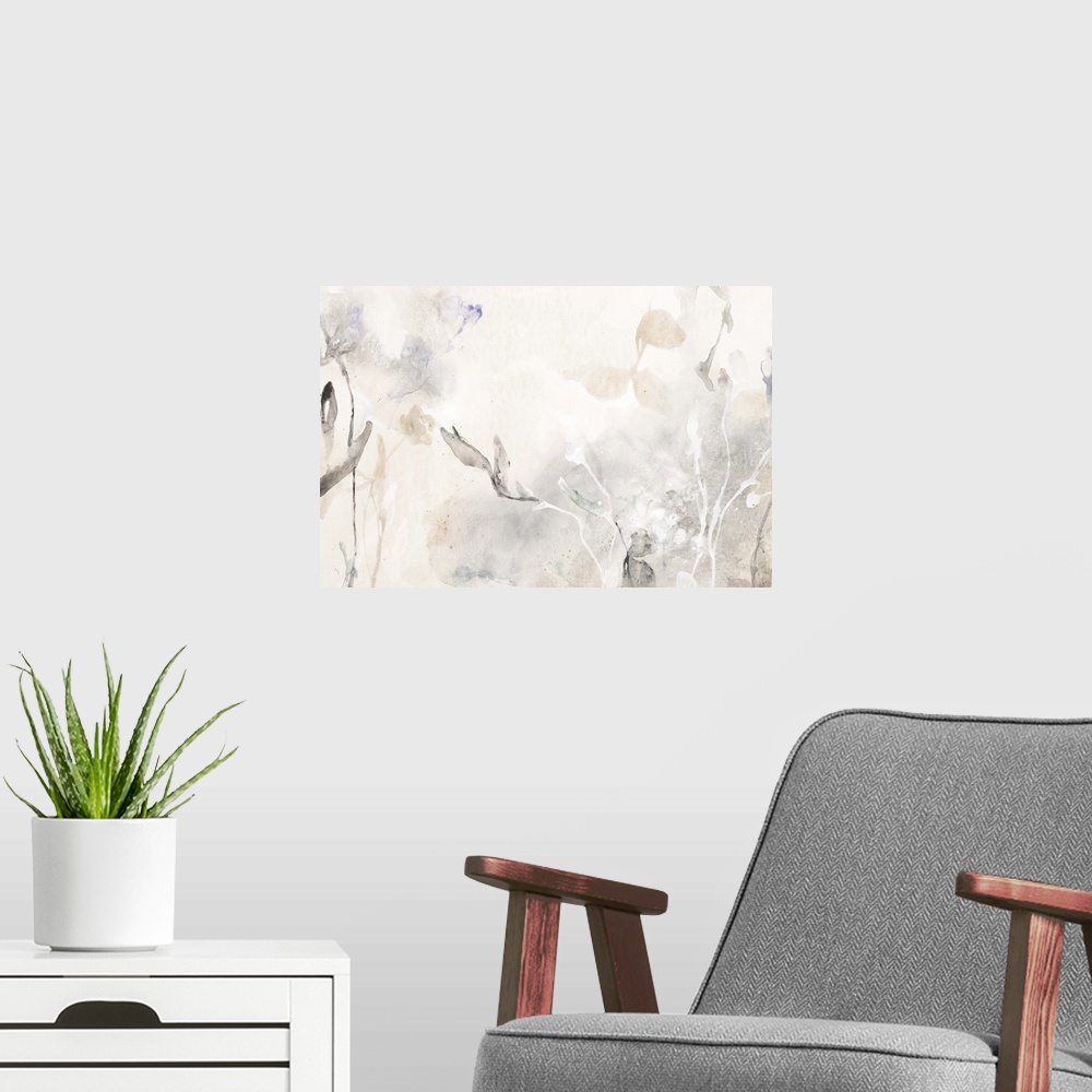 A modern room featuring Contemporary abstract painting of several leafy plants in pale grey tones.