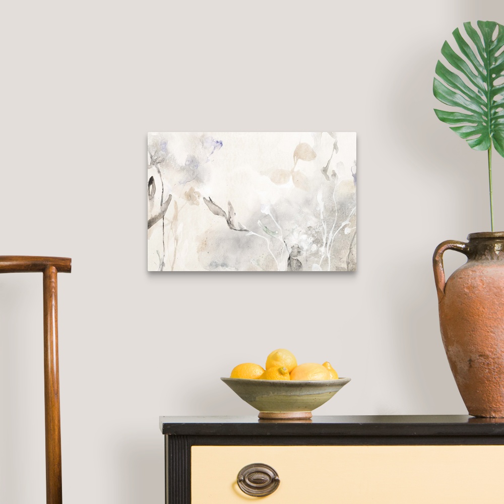 A traditional room featuring Contemporary abstract painting of several leafy plants in pale grey tones.