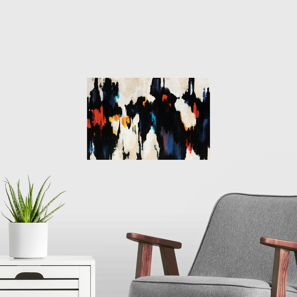 A modern room featuring Abstract artwork with a cave like appearance that is mostly black streaks of paint with some colo...