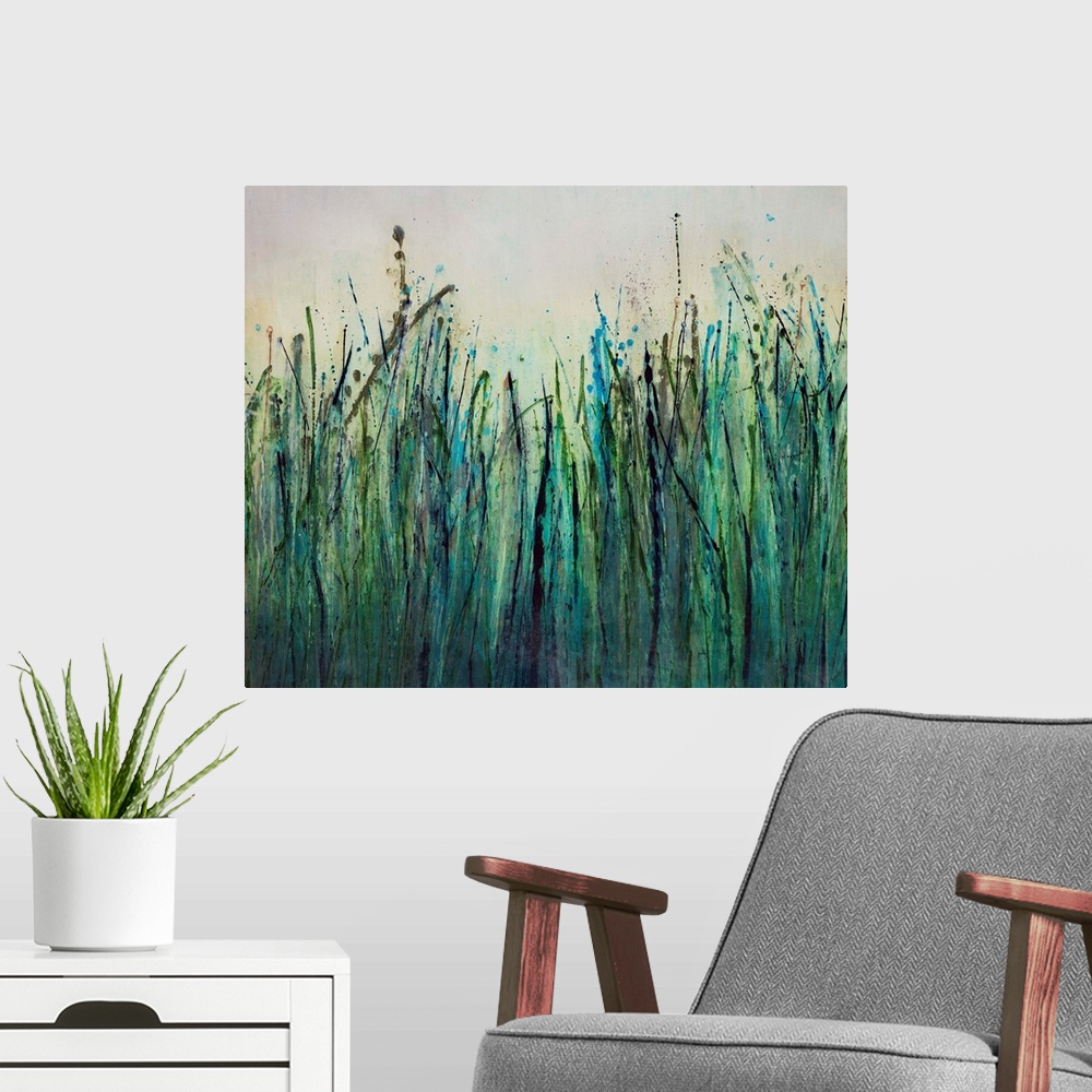 A modern room featuring River Reeds in June