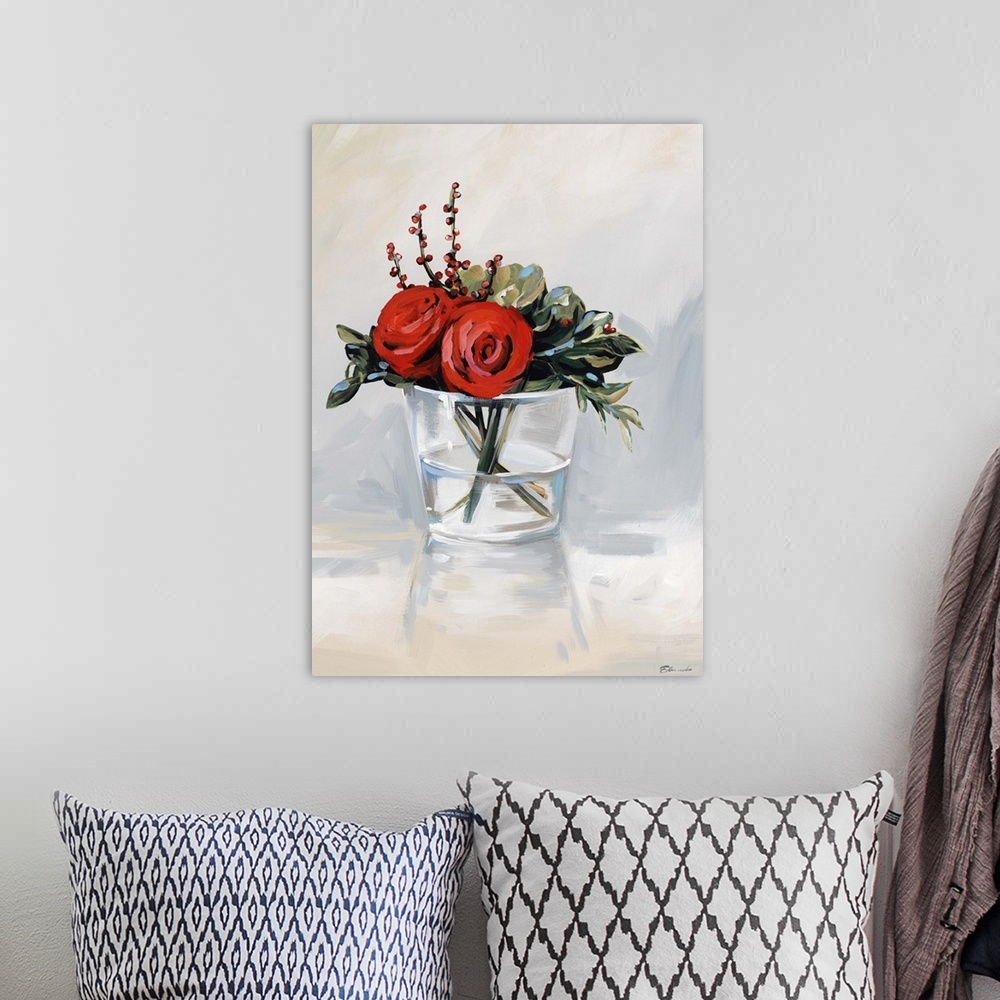 A bohemian room featuring Contemporary artwork of red roses in a clear glass vase.