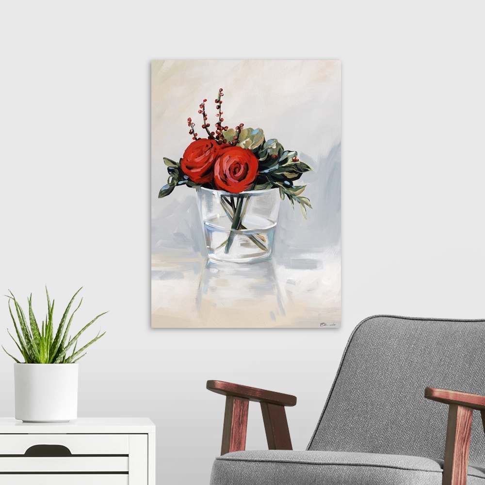 A modern room featuring Contemporary artwork of red roses in a clear glass vase.
