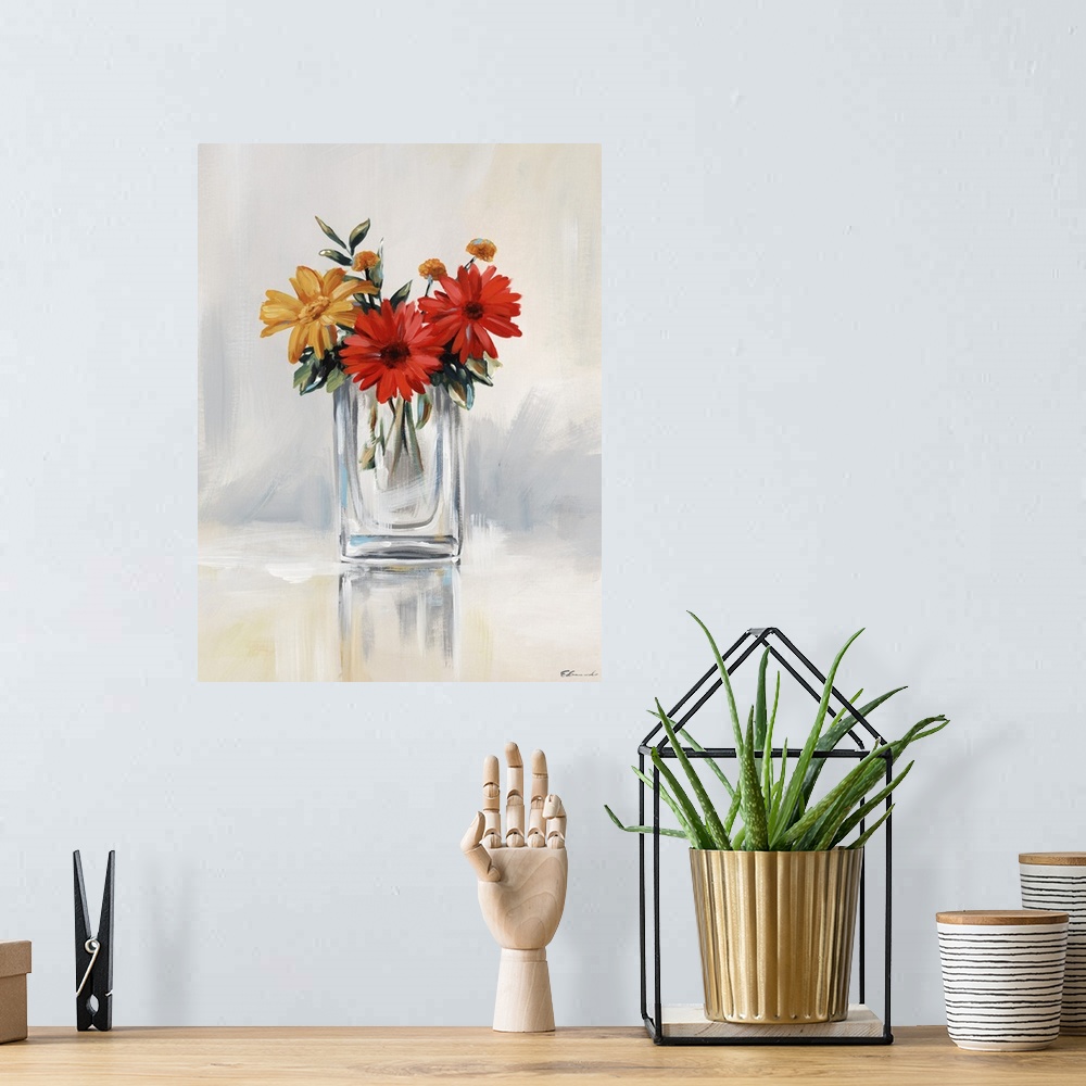 A bohemian room featuring Contemporary artwork of red and yellow daisies in a clear glass vase.