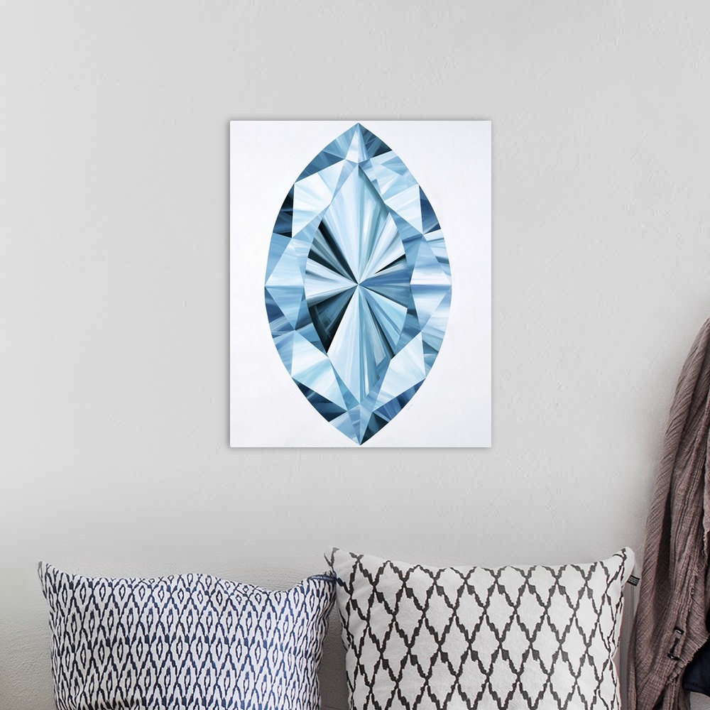 A bohemian room featuring A painting of a blue marquise shaped gemstone.