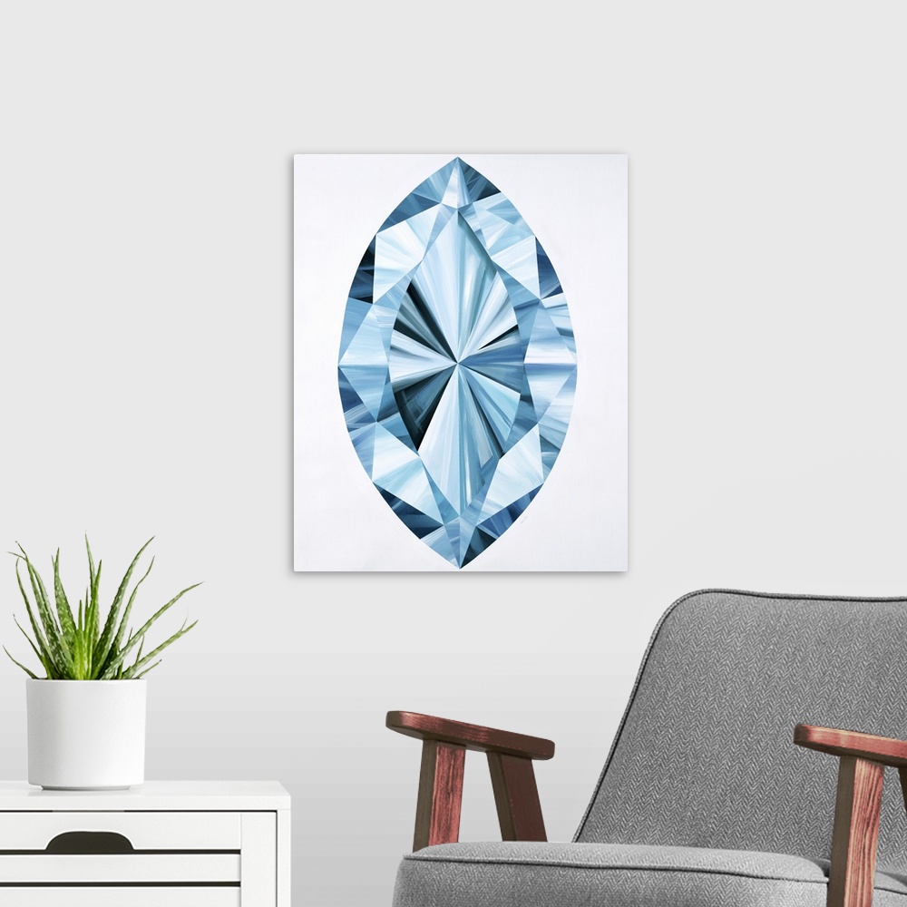 A modern room featuring A painting of a blue marquise shaped gemstone.